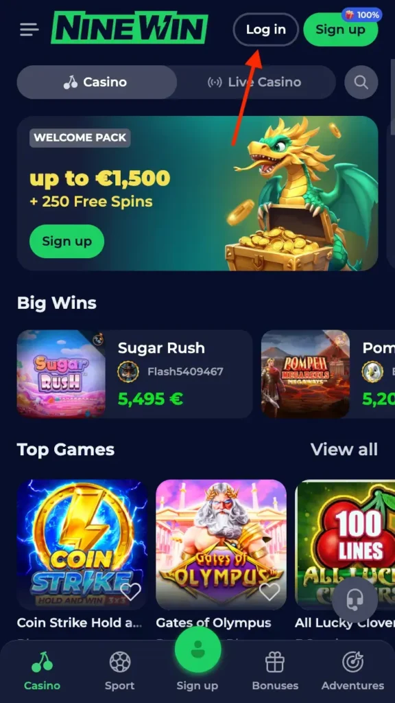 9win Login first step