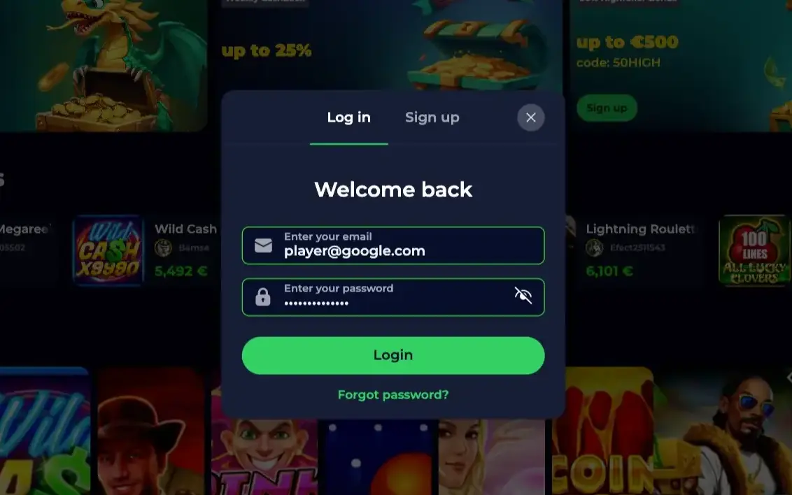 NineWin Casino Login Field